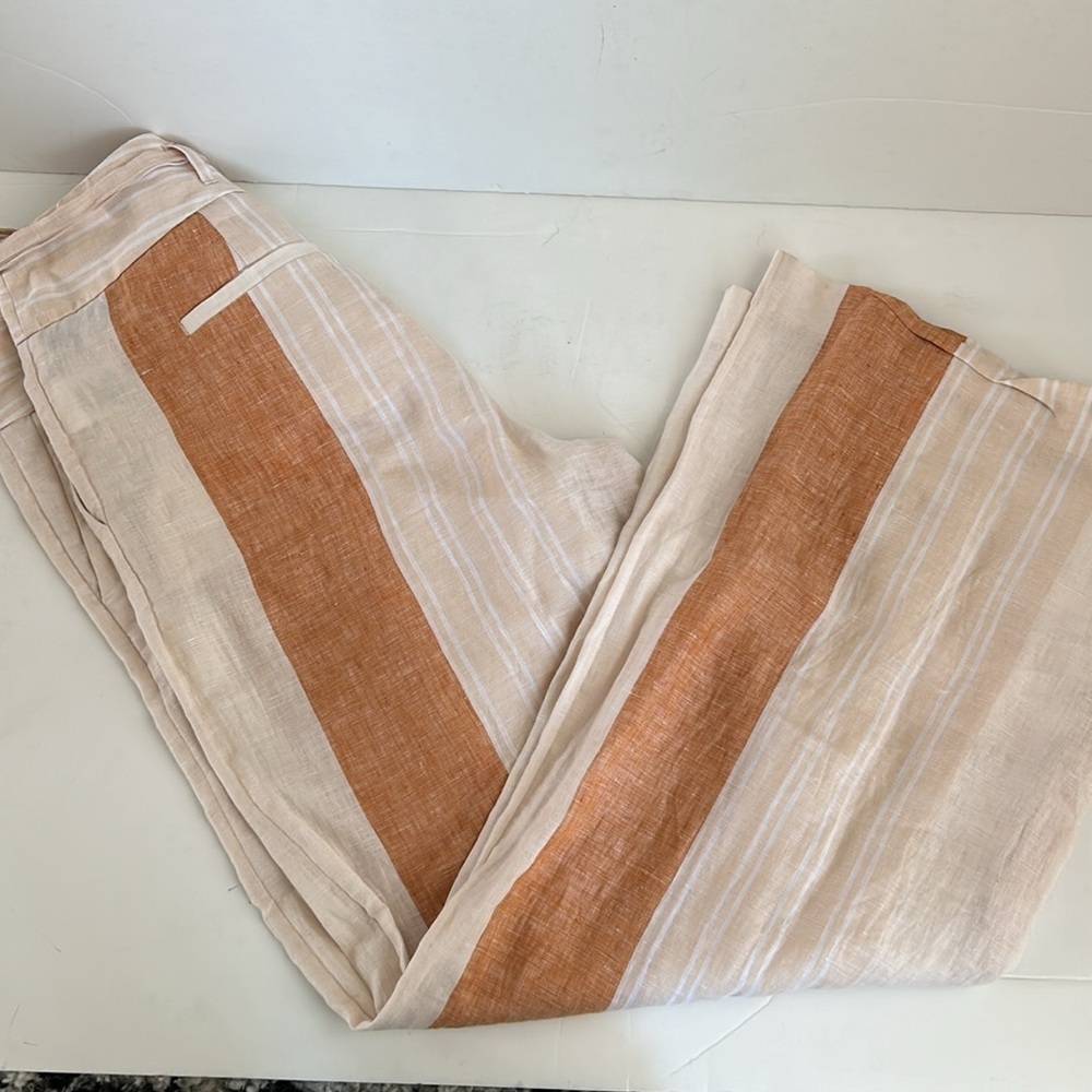 Ett:twa by Anthropologie orange stripe tie waist zip close 100% linen pants - Picture 12 of 16